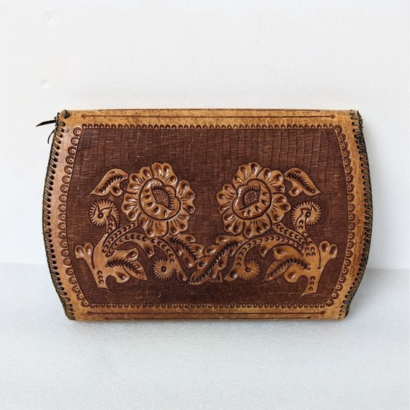 Vintage Mid Century Handtooled Leather Floral Clutch Tan - Picture 3 of 8